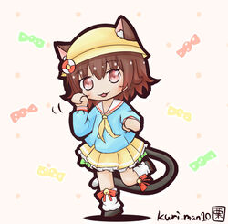  :3 alternate_costume animal_ear_fluff animal_ears azur_lane blue_shirt bow brown_hair cat_ears cat_tail check_commentary commentary_request cosplay female green_bow hat historical_name_connection kantai_collection kurimanjuu lifebuoy_hair_ornament loose_socks mutsuki_(azur_lane) mutsuki_(azur_lane)_(cosplay) mutsuki_(kancolle) name_connection red_bow red_eyes school_hat school_uniform serafuku shirt skirt socks solo tail yellow_skirt 