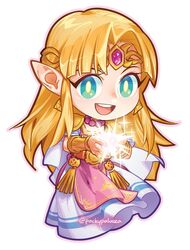  :d armor blonde_hair blue_eyes bracer chibi circlet commentary dress earrings english_commentary female full_body gem jewelry long_dress long_hair looking_at_viewer magic open_mouth parted_bangs pauldrons pockypalooza pointy_ears princess_zelda round_teeth short_sleeves shoulder_armor sidelocks simple_background smile solo super_smash_bros. tabard teeth the_legend_of_zelda the_legend_of_zelda:_a_link_between_worlds triforce twitter_username upper_teeth_only very_long_hair white_background white_dress 