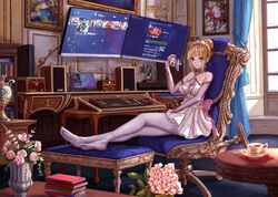  bare_shoulders black_tea blonde_hair book chair computer computer_keyboard computer_mouse cup dress elbow_gloves feet feet_on_chair female flower game_console gloves green_eyes highres indoors ipad jewelry legs looking_at_viewer medium_hair monitor no_shoes original pantyhose playstation_4 rococo_movement skirt soles steam_(platform) table tablet_pc tea teacup thighhighs white_dress white_pantyhose yuzuriha_(atelier_liang) 