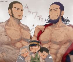  5boys abs ainu_clothes bad_id bad_twitter_id bara bare_pectorals beard blush chest_hair chibi chibi_inset drunk facial_hair golden_kamuy hairy highres japanese_clothes kimono kiroranke large_pectorals male_focus mature_male multiple_boys muscular muscular_male navel_hair nipples ogata_hyakunosuke open_clothes open_kimono open_shirt pectoral_focus pectorals rakko-nabe shiraishi_yoshitake short_hair sideburns sski0 stomach sugimoto_saichi sweatdrop tanigaki_genjirou undressing 