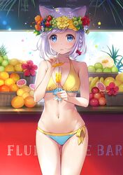  absurdres animal_ears apple ass_visible_through_thighs bad_id bad_yandere_id bikini blue_bikini blue_eyes blueberry braid breasts cantaloupe cat_ears collarbone cup drink female flower food food_on_head fruit fruit_on_head grapefruit grapes hair_ribbon head_wreath highres holding holding_cup leaf looking_at_viewer menu_board mignon navel object_on_head open_mouth orange_(fruit) orange_slice original pineapple purple_hair resized ribbon small_breasts solo standing strawberry swimsuit two-tone_bikini upscaled waifu2x yellow_bikini 