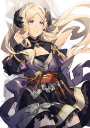  absurdres bad_id bad_pixiv_id blonde_hair blue_eyes dress female granblue_fantasy highres hizuki_miya jewelry long_hair mireille_(granblue_fantasy) pendant smile solo test_tube thighhighs 