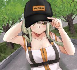  backpack bag black_headwear black_sclera blush braid breasts cleavage closed_mouth collarbone colored_sclera commentary_request female french_braid girls&#039;_frontline green_eyes green_hair hand_on_headwear hand_on_own_head heterochromia highres long_hair looking_at_viewer mismatched_sclera road simple_background smile solo_focus street tac-50_(girls&#039;_frontline) taishi_karibe yellow_eyes 