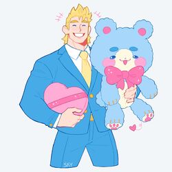  1boy alternate_costume bara blonde_hair blue_jacket blue_pants blue_suit blush boku_no_hero_academia bow bowtie candy carrying_over_shoulder chocolate cropped_legs feraltintinsimp food formal heart heart-shaped_chocolate highres jacket large_teddy_bear looking_at_viewer male_focus muscular muscular_male necktie pants shirt short_hair sideburns smile solo spiked_hair stuffed_animal stuffed_toy suit teddy_bear togata_mirio white_shirt 