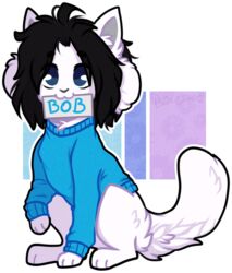  alpha_channel black_hair blue_clothing blue_eyes blue_shirt blue_topwear bob_(undertale) canid canine clothing eyebrow_through_hair eyebrows felid feline feral fluffy hair inner_ear_fluff male mammal name_tag shirt simple_background solo tayga-crafts tem topwear translucent translucent_hair tuft undertale undertale_(series) white_body 