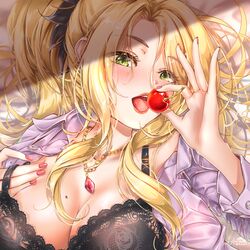  bed_sheet black_bow black_bra blonde_hair blush bow bra breasts cherry christina_(princess_connect!) christina_(real)_(princess_connect!) cleavage collared_shirt commentary dress_shirt english_commentary female food from_above fruit green_eyes hair_between_eyes hairbow highres holding hue301 jewelry large_breasts long_hair long_sleeves looking_at_viewer lying md5_mismatch nail_polish necklace on_back open_clothes open_mouth open_shirt pendant pink_nails ponytail princess_connect! resolution_mismatch shirt solo source_smaller tongue unbuttoned underwear upper_body white_shirt wing_collar 