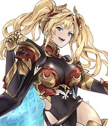  armor blonde_hair blue_eyes blush braid breasts cleavage female glanbluefanta gloves granblue_fantasy hair_intakes hair_ornament hairband highres long_hair looking_at_viewer polearm simple_background smile solo spear thighhighs twintails weapon zeta_(granblue_fantasy) 