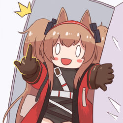  0_0 angelina_(arknights) angelina_(distinguished_visitor)_(arknights) animal_ears arknights black_gloves black_shirt blush_stickers chibi coat commentary_request cowboy_shot daoshi_niang_lan_er earpiece female fox_ears gloves hairband long_hair middle_finger official_alternate_costume open_mouth red_coat red_hairband shirt slamming_door solo twintails 