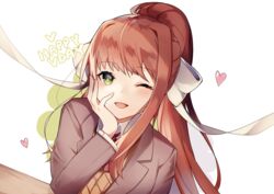  ;d bad_id bad_pixiv_id blazer brown_hair brown_jacket collared_shirt commentary_request doki_doki_literature_club female green_eyes hair_ribbon hand_on_own_cheek hand_on_own_face happy_birthday heart jacket long_hair long_sleeves looking_at_viewer monika_(doki_doki_literature_club) neck_ribbon one_eye_closed open_mouth ponytail ribbon school_uniform shirt smile solo sweater undershirt upper_body white_ribbon white_shirt wing_collar xoaiu 