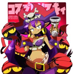  2022 5_fingers bandana belt blue_eyes breasts clothing cosplay english_text female fingers genie group gun hair handgun hat headgear headwear hi_res humanoid humanoid_pointy_ears kerchief long_hair male n_sakurajyousui not_furry purple_hair ranged_weapon risky_boots shantae shantae_(series) signature text tinkerbat tongue wayforward weapon 