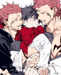  3boys annoyed aocvoooo arm_grab arm_tattoo black_hair black_nails blue_eyes blush boy_sandwich chest_tattoo collarbone commentary_request dual_persona ear_piercing extra_eyes facial_tattoo fushiguro_megumi groping hair_between_eyes height_difference japanese_clothes jujutsu_kaisen kimono korean_commentary large_pectorals long_sleeves looking_at_another male_focus multiple_boys muscular muscular_male nipples pectorals piercing pink_hair red_eyes red_scarf ryoumen_sukuna_(jujutsu_kaisen) sandwiched scarf shirt short_hair smile spiked_hair sweatdrop tattoo undercut upper_body veins white_kimono white_shirt yaoi 