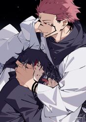  2boys aocvoooo arm_tattoo black_background black_hair black_nails black_scarf blood closed_eyes commentary_request extra_eyes facial_tattoo fingernails fushiguro_megumi hand_on_another&#039;s_ear holding_finger injury jacket japanese_clothes jujutsu_kaisen kimono long_sleeves lying lying_on_person male_focus multiple_boys pink_hair red_eyes ryoumen_sukuna_(jujutsu_kaisen) scarf school_uniform severed_finger short_hair sitting smile spiked_hair tattoo unconscious undercut white_kimono wide_sleeves yaoi 