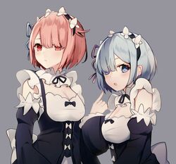  2girls :o bad_id bad_pixiv_id black_dress blue_eyes blue_hair breasts cleavage closed_eyes detached_sleeves dress grey_background hair_ribbon headdress highres juliet_sleeves long_sleeves looking_at_viewer maid medium_breasts multiple_girls parted_lips pink_hair pointing pointing_at_self puffy_sleeves ram_(re:zero) re:zero_kara_hajimeru_isekai_seikatsu red_eyes rem_(re:zero) ribbon roswaal_mansion_maid_uniform short_hair siblings sisters twins upper_body xoaiu 