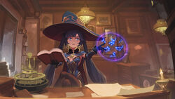  black_gloves black_hair black_pantyhose blue_cape blue_hat blue_leotard blush book candle cape capricorn_(constellation) ceiling_light constellation crossed_legs desk detached_sleeves drawing_(object) female genshin_impact gloves hat highres holding holding_book indoors leo_(constellation) leotard libra_(constellation) long_hair long_sleeves magic mona_(genshin_impact) nero_(nilu) open_book orrery pantyhose paper parted_lips purple_eyes shelf sitting smile solo strapless strapless_leotard thighlet twintails very_long_hair virgo_(constellation) window witch_hat 