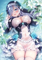  :d black_dress blue_eyes blue_flower blue_rose blush breasts cleavage commentary_request covered_navel dress female flower grey_hair habit hair_over_one_eye hands_up juliet_sleeves large_breasts long_sleeves lying mitsuba_choco nun on_back original puffy_sleeves rose see-through shallow_water sister-chan_(mitsuba_choco) smile solo thighhighs veil water white_dress white_thighhighs 