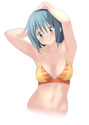  armpits arms_up bad_id bad_pixiv_id bikini blue_eyes blue_hair blush breasts cleavage commentary_request cropped_torso female halterneck hateri highres light_smile looking_at_viewer magia_record:_mahou_shoujo_madoka_magica_gaiden mahou_shoujo_madoka_magica medium_breasts miki_sayaka miki_sayaka_(swimsuit_costume) multicolored_bikini multicolored_clothes navel orange_bikini red_bikini solo swimsuit white_background 