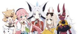  5girls :3 absurdres akumi_(yoclesh) animal_ear_fluff animal_ears black_bow black_collar blush bow breasts cat_ears collar colored_skin cup dog_ears dog_girl dyarikku_(vtuber) english_commentary food fork fruit hair_behind_ear hairbow head_tilt highres holding holding_cup holding_food holding_fork holding_fruit horns looking_to_the_side medium_breasts multiple_girls oni_horns open_mouth pointy_ears rae_laveire_(artist) red_skin shyrei_faolan smile v-shaped_eyebrows virtual_youtuber vyugen watermelon watermelon_slice yenko_(vtuber) yuniiho_(vtuber) 