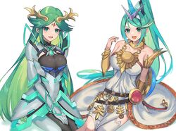  2girls ancient_greek_clothes armlet bare_shoulders bracelet bracer breasts chest_jewel chiton color_connection cosplay costume_switch crossover dress greco-roman_clothes green_eyes green_hair highres jewelry kid_icarus kid_icarus_uprising large_breasts long_hair multiple_girls palutena palutena_(cosplay) parted_bangs pneuma_(xenoblade) pneuma_(xenoblade)_(cosplay) ponytail single_thighhigh strapless strapless_dress super_smash_bros. thighhighs tiara trait_connection very_long_hair white_dress white_legwear xenoblade_chronicles_(series) xenoblade_chronicles_2 yasaikakiage 