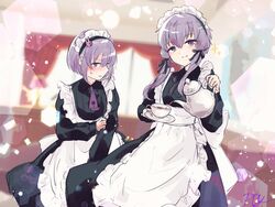  2girls a.i._voice apron black_dress blush commentary cup curtains dress dual_persona embarrassed hair_ornament hair_ribbon half-closed_eyes highres holding holding_own_arm holding_saucer holding_teapot indoors looking_at_viewer maid maid_apron maid_headdress multiple_girls neckerchief pouring pty purple_neckerchief rabbit_hair_ornament ribbon saucer short_hair short_hair_with_long_locks sidelocks smile standing tea teacup teapot tress_ribbon v-shaped_eyebrows vocaloid voiceroid window yuzuki_yukari yuzuki_yukari_(shizuku) 