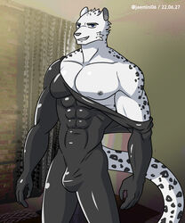  5:6 abs absurd_res alkan anthro big_muscles big_pecs blue_eyes bodysuit bulge clothing felid fur hi_res latex latex_clothing latex_skinsuit leopard luben_(character) male mammal muscular muscular_anthro muscular_male nipples open_bodysuit pantherine pecs rubber_clothing skinsuit solo tight_clothing white_body white_fur 