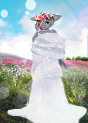  accessory anthro bovid caprine clothing dress female flower flower_in_hair goat hair hair_accessory hi_res mammal mertzdn_(artist) plant rose_(rosethegoat) solo sparkles 