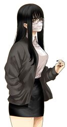  bags_under_eyes black_hair black_nails black_skirt commentary_request eyebrows_hidden_by_hair female glasses hand_in_pocket highres hoshi_san_3 long_hair mask mole mole_on_ear mole_on_neck mole_on_thigh mole_under_eye mouth_mask nail_polish office_lady original pencil_skirt semi-rimless_eyewear skirt solo surgical_mask 