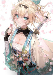  6665_roku alternate_breast_size animal_ears black_gloves blonde_hair breasts chest_sarashi cleavage collarbone female fingerless_gloves flower gloves green_eyes hair_ornament haori highres hololive horns japanese_clothes katana kazama_iroha kazama_iroha_(1st_costume) large_breasts leaf_hair_ornament looking_at_viewer petals sarashi scabbard sheath smile solo striped_horns sword virtual_youtuber weapon weapon_on_back white_background wolf_ears 