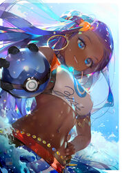  aqua_hair armband armlet artist_logo artist_name bare_shoulders belly_chain bikini black_gloves blue_eyes blue_eyeshadow blue_hair blue_sky border breasts commentary cowboy_shot crab_d crop_top dark-skinned_female dark_skin day dive_ball dutch_angle earrings eyelashes eyeshadow female from_below glint gloves glowing grin hair_bobbles hair_bun hair_ornament hand_on_own_hip holding holding_poke_ball hoop_earrings jewelry lips lipstick long_hair looking_at_viewer looking_down makeup medium_breasts midriff multicolored_hair navel necklace nessa_(pokemon) outdoors outside_border poke_ball pokemon pokemon_swsh single_glove single_hair_bun sky sleeveless smile solo sparkle stomach straight_hair summer sunlight swimsuit tankini two-tone_hair water wet white_border 