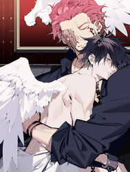  2boys angel_wings aocvoooo arm_tattoo black_hair black_shirt blue_eyes chains chest_tattoo commentary_request crying crying_with_eyes_open cuffs extra_eyes facial_tattoo feathered_wings fushiguro_megumi hair_between_eyes handcuffs hug indoors jujutsu_kaisen male_focus multiple_boys one_eye_closed parted_lips pink_hair red_eyes ryoumen_sukuna_(jujutsu_kaisen) ryoumen_sukuna_(true_form)_(jujutsu_kaisen) shirt sitting smile tattoo tears white_wings wings yaoi 