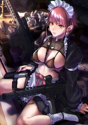  ankle_strap anti-materiel_rifle apron ar-15 arm_support barrett_m82 between_breasts black_footwear bra breasts candle candlestand cartridge choker closed_mouth couch ear_piercing earrings female flower frilled_socks frills gun gun_sling handgun highres holster jewelry long_sleeves looking_at_viewer magazine_(weapon) maid maid_day maid_headdress medium_breasts nori_(arara105) o-ring o-ring_choker original piercing red_eyes red_hair rifle scope see-through short_hair sidelocks sitting skirt sniper_rifle socks solo string_bra submachine_gun table thigh_holster underwear vase waist_apron wariza weapon white_flower wooden_table 