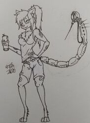  anonymous_artist anthro beverage bio_mechanical felid female hair mammal ponytail scorpion-snow_leopard scorpion_tail solo 