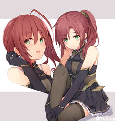  ahoge alice_gear_aegis black_gloves brown_legwear closed_mouth commentary_request commission dress earrings elbow_gloves female fuji_kakei gloves green_eyes hair_between_eyes highres jewelry kaeruzaka_raiya knee_up looking_at_viewer medium_hair multiple_views open_mouth ponytail red_hair ring sitting skeb_commission sleeveless thighhighs twitter_username watermark 