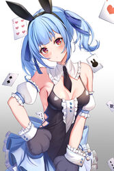  absurdres animal_ears bare_shoulders black_necktie blue_hair blunt_bangs breasts card cleavage closed_mouth commentary detached_collar detached_sleeves dress fake_animal_ears female frilled_dress frills hair_ribbon hand_on_own_hip head_tilt highres hololive looking_at_viewer minase03mio necktie official_alternate_costume orange_eyes playing_card puffy_detached_sleeves puffy_sleeves rabbit-shaped_pupils rabbit_ears rabbit_paws ribbon short_necktie sidelocks small_breasts solo symbol-shaped_pupils thick_eyebrows twintails usada_pekora usada_pekora_(furi_furi_bunny_dress) virtual_youtuber wrist_cuffs 