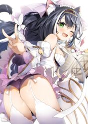  :d animal_ear_fluff animal_ears ass black_hair blush book cat_ears cat_girl commentary_request detached_sleeves dress female garter_straps green_eyes hair_between_eyes hair_ornament hair_ribbon hairband highres karyl_(princess)_(princess_connect!) karyl_(princess_connect!) long_hair multicolored_hair oerba_yun_fang one_eye_closed open_mouth panties pentagram princess_connect! purple_dress purple_panties ribbon simple_background smile solo standing streaked_hair thighhighs two-tone_dress underwear v veil white_background white_dress white_hair white_thighhighs wide_sleeves yana_mori 