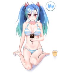  aqua_hair az_sainklaus barefoot bikini blue_bikini blue_hair blush breasts busasu cleavage collarbone commission cup female full_body gradient_hair heart highres holding holding_cup ice korean_commentary looking_at_viewer medium_breasts multicolored_hair navel red_eyes sitting smile solo spoken_heart straight-on super_robot_wars super_robot_wars_30 swimsuit twintails 