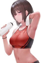  aos arm_up armpits blush bottle bracelet breasts brown_hair closed_mouth commentary drinking earrings female highres holding holding_bottle jewelry looking_at_viewer medium_breasts navel original purple_eyes short_hair simple_background solo sports_bra stomach sweat towel towel_around_neck two-tone_sports_bra upper_body white_background 