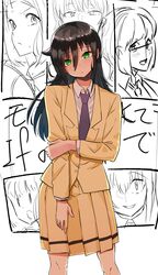  absurdres arm_grab bags_under_eyes black_hair blazer blue_necktie blush closed_mouth dress_shirt female green_eyes head_tilt highres jacket kotobuki_(stealth_sendan) kuroki_tomoko light_frown long_hair medium_skirt messy_hair naruse_yuu necktie okada_akane partially_colored pleated_skirt satozaki_kiko school_uniform shirt single_horizontal_stripe skirt solo standing uchi_emiri unfinished watashi_ga_motenai_no_wa_dou_kangaetemo_omaera_ga_warui! white_shirt wing_collar yellow_jacket yellow_skirt yoshida_masaki 