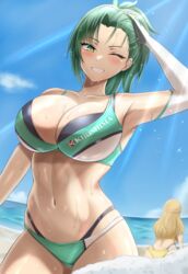  2girls ;d arm_at_side arm_up armpits ass ayato_utae bare_shoulders beach bikini black_bikini blue_sky blush breasts cleavage clothes_writing cloud collarbone commentary_request cowboy_shot day dolphin_wave elbow_gloves facing_away fingerless_gloves gloves green_bikini green_eyes green_hair grin hachira half_updo hand_on_own_head harunami_anri high_ponytail highres horizon kirishima_uniform large_breasts layered_bikini light_brown_hair long_hair looking_at_viewer multi-strapped_bikini multi-strapped_bikini_bottom multiple_girls navel ocean one_eye_closed outdoors ponytail ruffling_hair short_hair single_elbow_glove sky smile solo_focus sparkle squatting standing stomach sunlight swimsuit water water_drop wet wet_hair white_gloves 