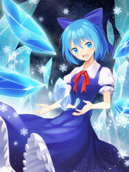  :d arms_up black_background blue_dress blue_eyes blue_hair blush bow chinese_commentary cirno commentary_request dress female hair_between_eyes hairbow head_tilt ice ice_background ice_wings leaning_back looking_at_viewer midriff_peek mixed-language_commentary neck_ribbon open_mouth partial_commentary petticoat photoshop_(medium) pinafore_dress puffy_short_sleeves puffy_sleeves red_ribbon ribbon shirt short_hair short_sleeves sleeveless sleeveless_dress smile snowflakes solo touhou white_shirt wings z.o.b 