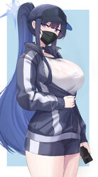  absurdres black_hat blue_archive blue_eyes blue_hair blue_jacket blue_shorts breasts cellphone choker collarbone cosplay female gym_uniform halo hasumi_(blue_archive) hasumi_(blue_archive)_(cosplay) hasumi_(track)_(blue_archive) hat high_ponytail highres jacket kanta_(kanta_077) large_breasts long_hair long_sleeves looking_at_viewer mask mouth_mask phone ponytail saori_(blue_archive) shirt short_shorts shorts sidelocks solo very_long_hair visor_cap white_shirt 