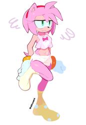  absurd_res accessory amy_rose anthro bottomwear breasts cashumeru clothing eulipotyphlan female footwear hair_accessory hairband hedgehog hi_res legwear mammal midriff pajamas sega shorts side_boob simple_background socks solo sonic_the_hedgehog_(series) stretching white_background 