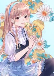  black_thighhighs blonde_hair blue_hairband blush breasts brown_eyes dress female flower flower_collar food fruit hairband highres lemon long_hair looking_at_viewer motimoti067 original short_sleeves small_breasts smile solo thighhighs white_dress white_flower 