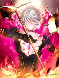  1boy bishounen black_bodysuit black_gloves blue_eyes bodysuit chest_jewel closed_mouth collarbone commentary_request earrings fate/apocrypha fate_(series) gloves hair_between_eyes heterochromia holding holding_polearm holding_weapon jewelry karna_(fate) kuroba.k looking_at_viewer male_focus polearm red_eyes signature solo torn_bodysuit torn_clothes upper_body weapon white_hair 