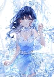  absurdres blue_dress blue_eyes blue_hair blue_theme breasts collar commentary_request dress female floating_hair frilled_collar frills highres jellyfish long_hair looking_at_viewer motimoti067 original parted_lips sleeveless small_breasts solo sundress white_background 