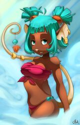 anthro biped blue_eyes blue_hair blush clothed clothing cloud ear_piercing female hair hi_res looking_at_viewer mammal melibellule mouse murid murine piercing pinup pose rodent skimpy solo standing tail transformice twintails