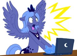 alicorn blue_body blue_feathers cartoonlion computer electronics emanata equid equine feathered_wings feathers female feral friendship_is_magic hasbro horn i_can&#039;t_fap_to_this mammal meme my_little_pony mythological_creature mythological_equine mythology princess_luna_(mlp) reaction_image shocked solo tail wing_boner wings