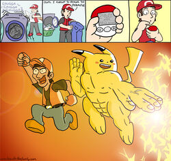 appliance bottomwear brawl_in_the_family clothing comic fur generation_1_pokemon human laundry_machine male mammal matthew_taranto nintendo pants pedometer pikachu pokemon pokemon_(species) pokemon_trainer pokewalker red_(pokemon) rodent tail washing_machine yellow_body yellow_fur