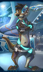 anthro belt biped black_nose brown_body brown_eyes brown_fur brown_hair clothed clothing deep_navel fish foxer421 fur glowing hair hud light looking_at_viewer male mammal marine midriff mustelid navel open_mouth otter slightly_chubby solo standing tail thick_tail visor water