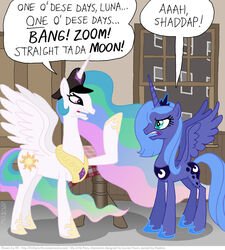 2011 alicorn angry apartment argument blue_body blue_feathers clothing cutie_mark dialogue duo english_text equid equine eyewear feathered_wings feathers female feral friendship_is_magic goggles hair hasbro hat headgear headwear honeymooners horn kinkyturtle long_hair mammal my_little_pony mythological_creature mythological_equine mythology parody princess princess_celestia_(mlp) princess_luna_(mlp) quadruped royalty sibling_(lore) sister_(lore) sisters_(lore) tail text unicorn white_body white_feathers wings