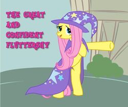 biped blue_eyes cape cloak clothing english_text equid equine female feral fluttershy_(mlp) friendship_is_magic hair hasbro hat headgear headwear horse mammal moabite my_little_pony pink_hair pony solo text